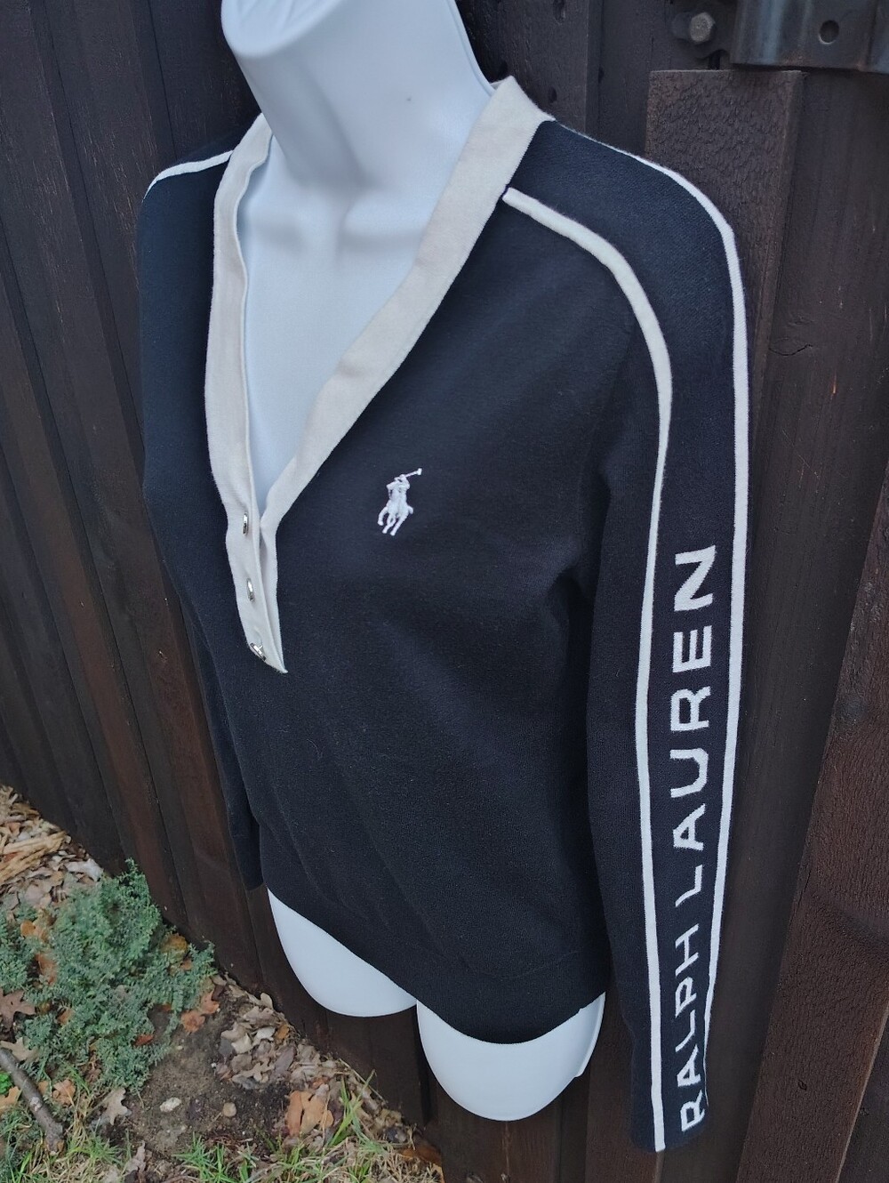 Ralph Lauren Black V‑Neck Polo Logo Top with White Trim